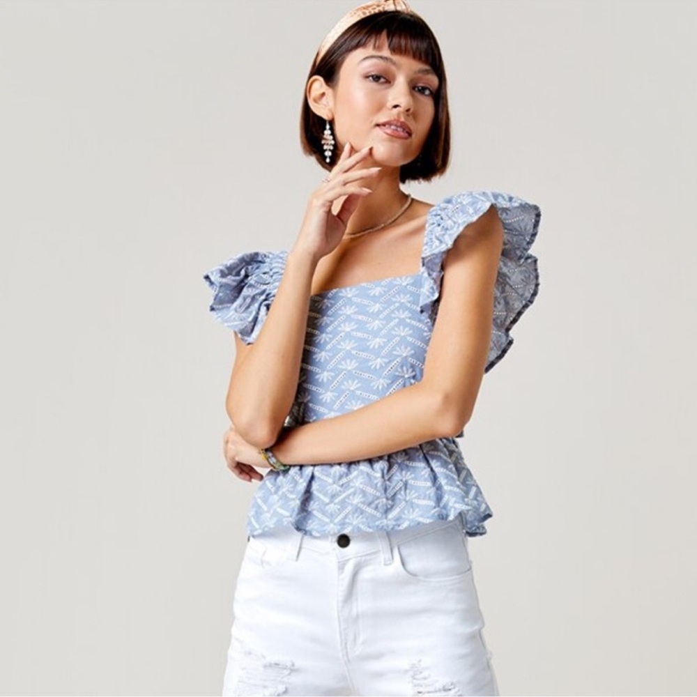 Francesca's Collections Blue and White Ruffled Blouse